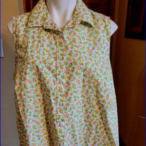 LANDS' END 16W No Iron Supima Cotton Sleeveless Button-Up Top Citrus Fruit - EUC